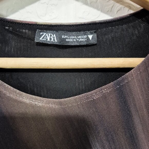 Zara Printed Tulle Abstract Mesh Maxi Cap Sleeve Dress size Large - Picture 6 of 9